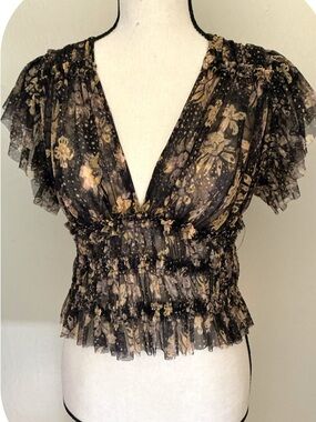 Free People asking Me Smile Sheer Floral Mesh Top Black Beige Boho size S